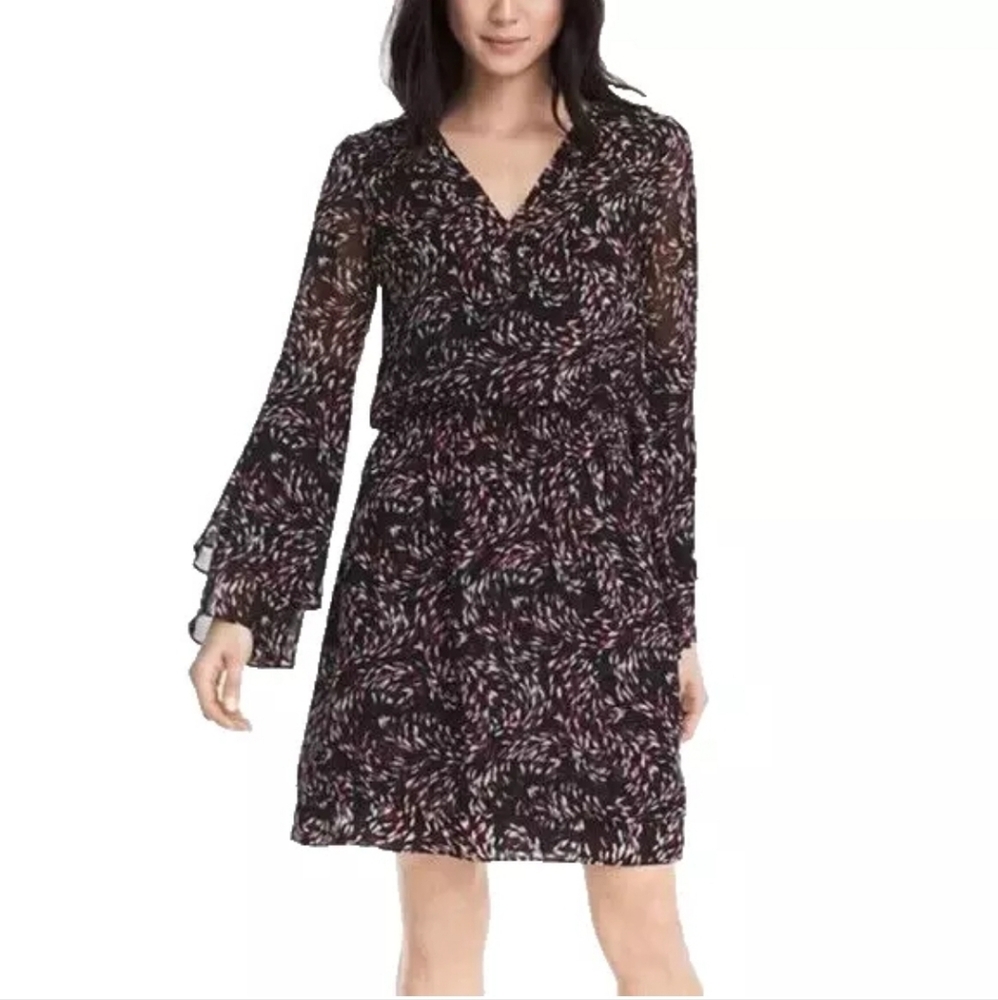 White House Black Market WHBM Dress 8 Scattered Print Ruffled Sheer Tiered Boho